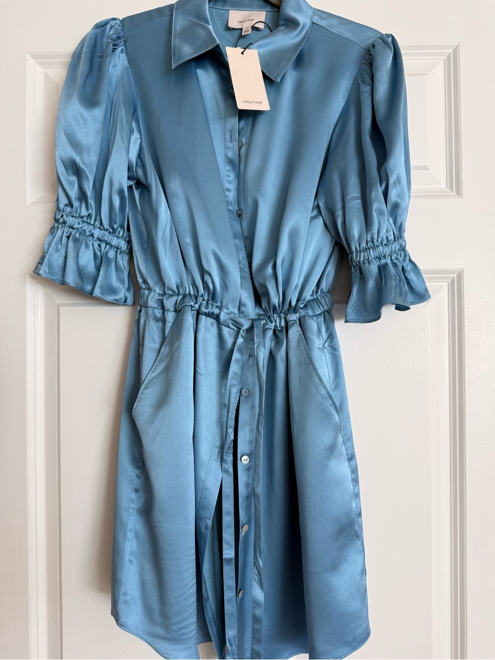 cinq a sept Light Blue Satin Drawstring Shirt Dress